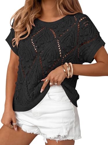 Image of Cakulo Womens Summer Crochet Boho Crop Tops Short Sleeve Lightweight Knit Sweater 2026 Beach Vacation Cruise Resort Wear