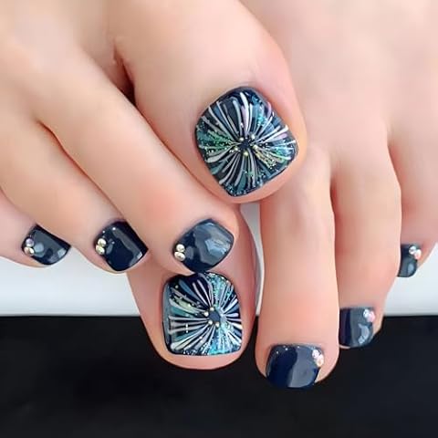 Short Press on Toenails Square Blue Toenails Press ons Glitter Diamond False Toe Nails with Blue Fireworks Designs Short Full Cover Toenails Kit Charm Blue Acrylic Stick on Toenails for Women 24Pcs Cover
