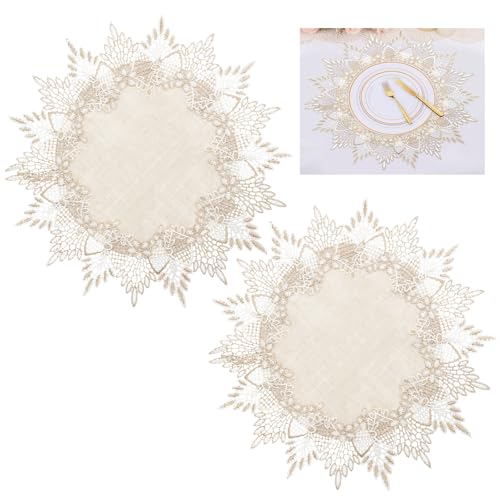 LOLANIUT Napperon Lin Rond 38 x 38 cm Beige avec Dentelle, Style Vintage Rustique, Lot de 2 Pièces, Petite Nappe Décorative pour Table Salon, Commode,...