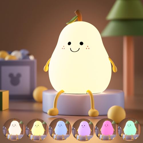 Image of Led Cute Pear Night Light, Dimmable Nursery Lamps, Super Squishy Silicone USB Rechargeable Touch Control 7 Colors Night Lamp for Kids Adults, Used for Camping Party Room Decor(Pear)