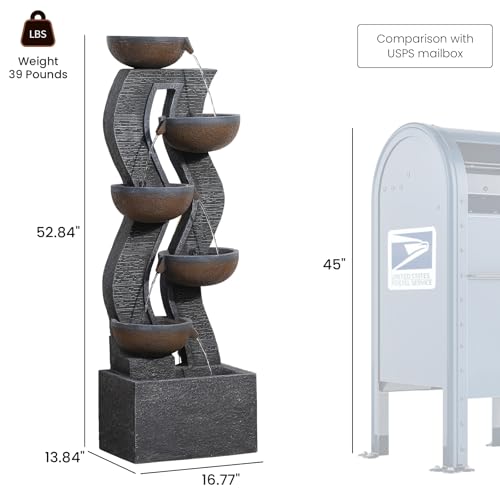 52.8" Tall Outdoor Water Fountain with Lights, 6-Tier Cascading Resin Waterfall Feature for Porch, Garden, Yard, Deck, Patio – Large Freestanding Outdoor Fountain and Waterfall Outside Decor