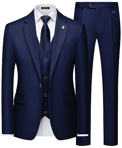 MAGE MALE Mens Suits Slim Fit 3 Piece Tuxedo Suit One Button Solid Prom Wedding Party Blazer Vest Pants Set with Tie Navy Blue