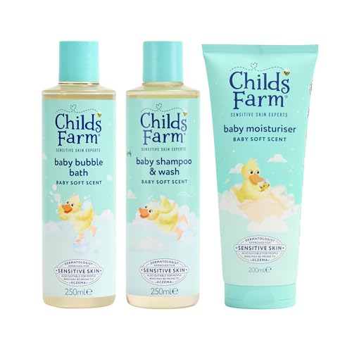 Childs Farm Baby Regime Bundle | Bubble Bath (250ml) Shampoo & Body Wash (250ml) and Body Moisturiser (200ml) | Baby Soft Scent | Suitable for Newborns with Sensitive Dry Itchy Skin