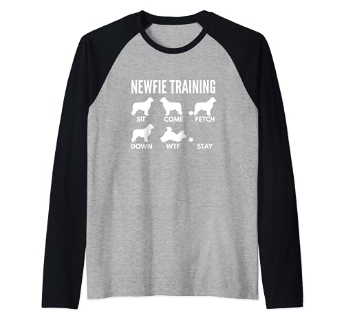 Newfie Training - Newfoundland Dog Tricks Raglan Baseball Tee, Black