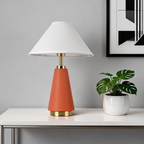 18.11 Inch Mid Century Modern Orange Table Lamp, MCM with Beige Fabric Shade, PU Leather Table Lamp for Kitchen Counter, Bedroom, Nightstand, Desk Lighting, Bookshelf, Living Room, Kids Dorm