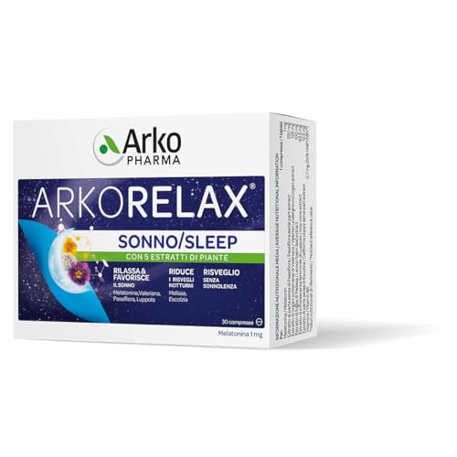 Arkopharma Arkorelax Sonno – Integratore Alimentare per Favorire Sonno e Rilassamento – Con Melatonina, Vitamina B6, Luppolo, Valeriana, Melissa, Passiflora ed Escolzia – 30 Compresse