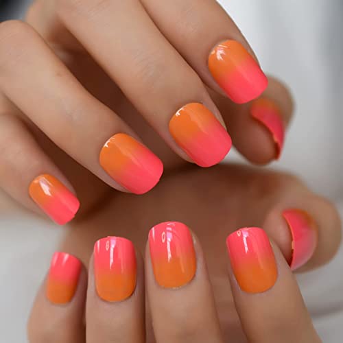 Ombre Fake Press On Nails Short French Manicure Set Orange Red Br...