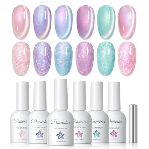 PEACECOLOR Pintauñas Semipermanentes 10ML, 6 Colores Rosa Morado Azul Esmaltes Semipermanentes con Imán Efecto Perlado Cat Eye Gel Polish Nail Art Set Manicura Regalos para Mujeres