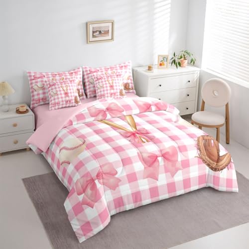 Image of Baseball Bowknot Queen Bedding Sets Pink Checkered Patchwork Grid Comforter Set Watercolor Girly Bow Romantic Dreamy All Season Comforter Flat&Fitted Sheet 2 Pillowcases 2 Throw Pillow Covers,7 Pcs