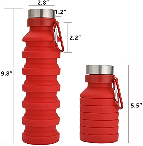 Image of we3 Collapsible Water Bottle, 550ml Reusable Silicone Light Water Bottles for Travel Outdoor Portable Leakproof Drinking Bottles with Carabiner (Red, Pack of 2)