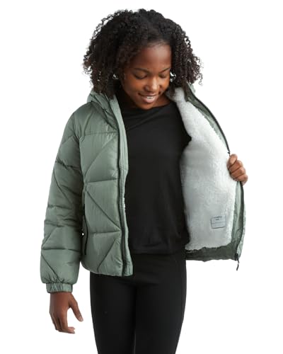Image of Reebok Girls Heavyweight Quilted Cropped Puffer Parka with Sherpa Lining | Plush Faux-Fur Trim, Wind-Blocking Hood, Deep Pockets for Warm Hands, Modern Silhouette for School and Cold Days