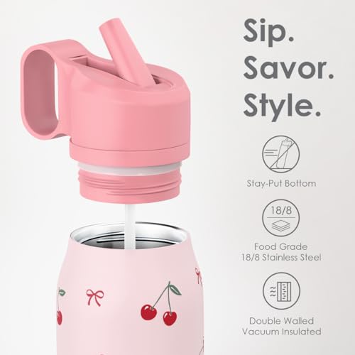 Image of Cherry Water Bottle with Twist Lid Insulated Stainless Steel 20oz, Travel Water Bottles for Sports & Gym, Gift for Women Girfriend Birthday Christmas