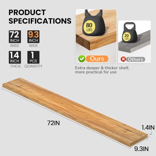 Image of Fun Memories Floating Shelves for Wall, 72 inch W x 9.3 inch D Wood Floating Shelf with Invisible Heavy-Duty Metal Bracket, Deep Floating Shelf for Living Room Kitchen, Natural Finish
