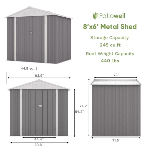 Patiowell 8x6 FT Outdoor Storage Shed, Outdoor Shed for Backyard Garden Patio Lawn, Gray