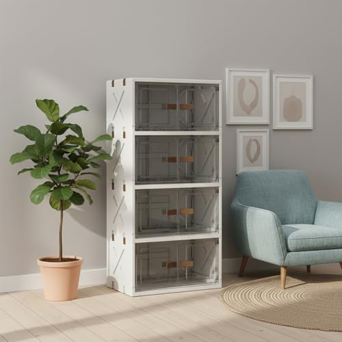 Image of House of Quirk 4 Layer Plastic Storage Box - Flip Storage Box, Foldable with 2 Door, Free Installation, Storage Wardrobe & Home Organizer (40cm, Transparent, Cream)