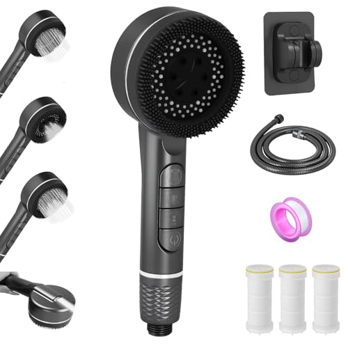 BBWELL Pommeau de Douche Haute Pression Filtrant avec Cartouche Remplaçable Massage Anti Calcaire, Tuyau 1,5 m Support Douche Bouton D'arrêt Economie D'eau et 4 Types...