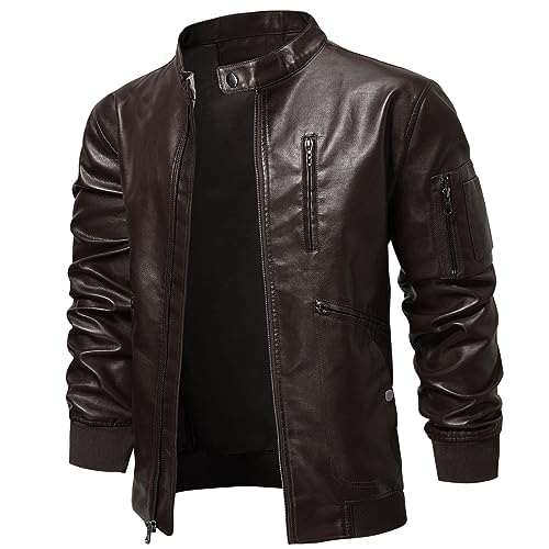 WULFUL Men's Faux Leather Jacket Stand Collar Lightweight Bomber Jacket2