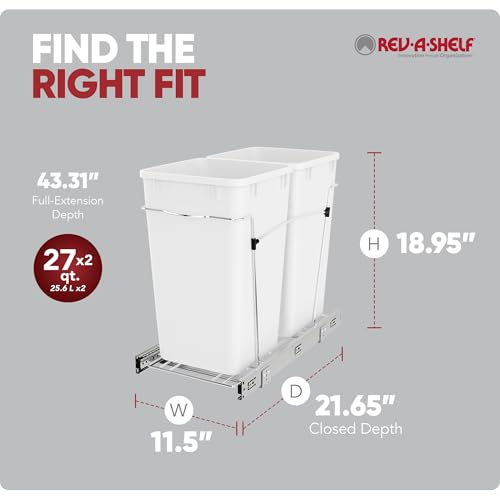 Image of Rev-A-Shelf Double Pullout Garbage Trash Cans for Kitchen Cabinets, 27 Qt