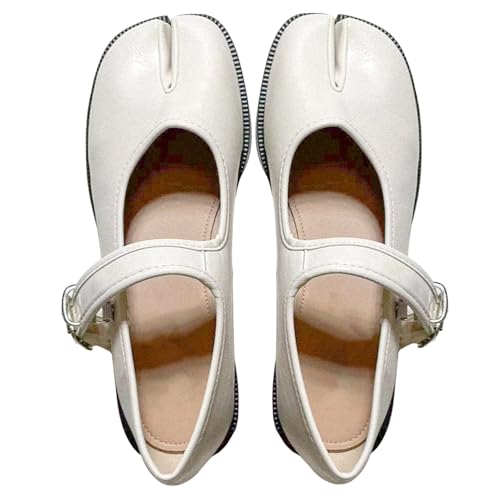 Women Tabi Flats Round Split Toe Ballet Shoes Buckle Strap Low Heels Mary Janes Faux Leather Ballerina