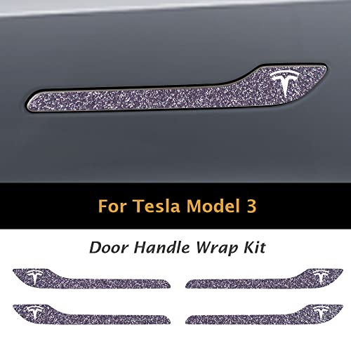 Image of IPG Compatible for Model 3 / Model Y /Juniper Door Handle Decal Sticker Wrap Kit (Set of 4) with Tesla Logo Personalize Your Tesla (Purple Glitter)
