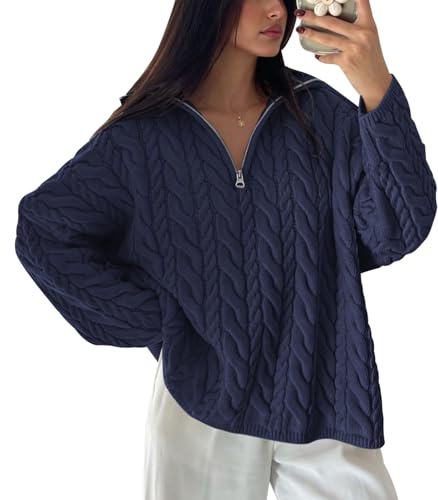 PRETTYGARDEN Womens Fall Sweaters 2025 Long Sleeve Quarter Zip Pullover Sweater Casual Loose V Neck Cable Knit Jumper Tops