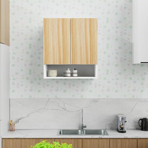 Image of 2 Door Multipurpose Wall Mounted Cabinet with Adjustable & Fixed Shelf | Storage for Kitchen, Bathroom, Office & Living Room | Assembly-DIY | Color-White & Asian Light | Size-60x33x63.8 Cm