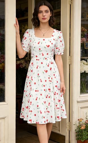 Image of Belle Poque Women's Vintage Midi Cottagecore Cocktail Dresses | Belle Poque Women's Vintage Cottage Core Dress,A-line,Midi,Square Neck,Homecoming Dress,Cocktail Dress,Sun Dress