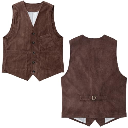 HUIQINGLI Men's Vintage Corduroy Waistcoats Sleeveless Slim Fit Casual Classic Button Down V-Neck Waistcoat with Pockets3