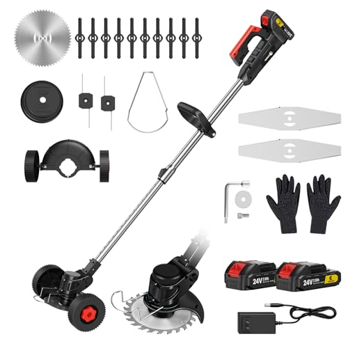 Conentool 24V Cordless Strimmer - Garden Strimmers with 2 * 2000mAh Batteries and 15 Blades, Grass Trimmers, Light Weight/Quick Charging/ 4 Types Blades/Auxiliary Wheel Design