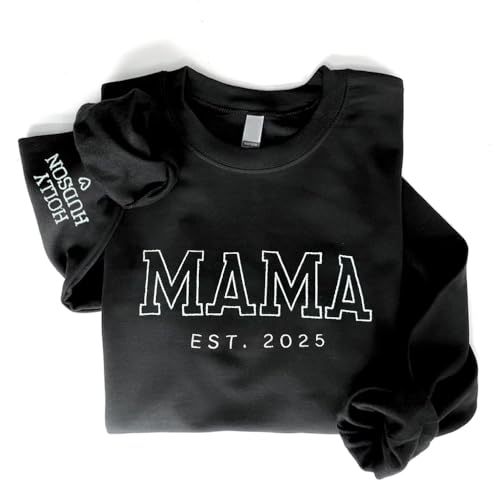 GODMERCH Personalized Embroidered Mama Sweatshirt With Kid Names On Sleeve, Mom Sweatshirt For Women, Gifts For Mommy Grandma Mothers Day Christmas, New Mom Gifts