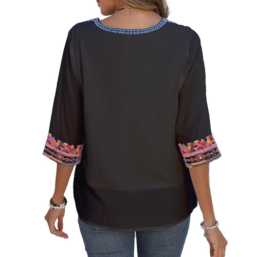 Mexican Embroidered Tops for Women Boho Chic Short Sleeve V Neck Blouse 3/4 Sleeve Floral Casual Summer T-Shirt2