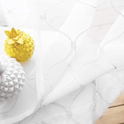 Sheer Curtains White 63 Inches Embroidered Wave Diamond, Rod Pocket Voile Drapes For Living Room, Bedroom, Window Treatments Semi Crinkle Curtain Panels For Yard, Villa, Parlor, Set Of 2, 52"X 63". #TOP2