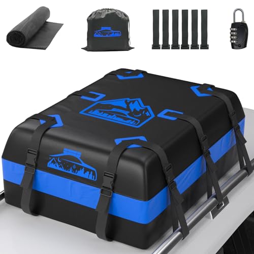 BOYUJK Car Roof Bag - 20 Cubic/566L, Waterproof, No Rack Needed, Anti-Slip Mat & 6 Heavy-Duty Straps, Folding Soft Roof Box (Blue, 566L)