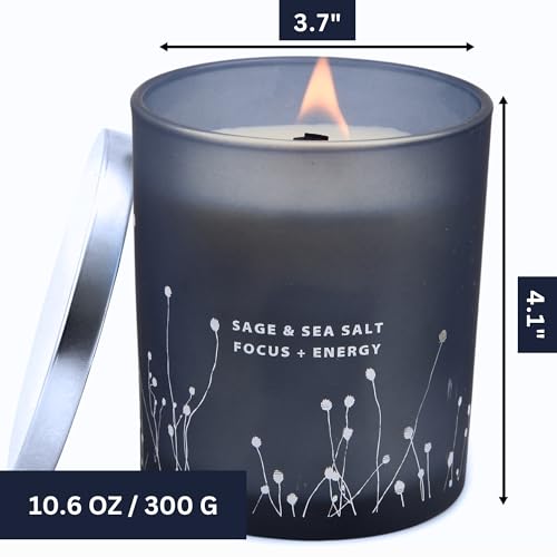 Sage Sea Salt Wood Wick Scented Candle | 10.6 oz Aromatherapy Gift for Home Decor