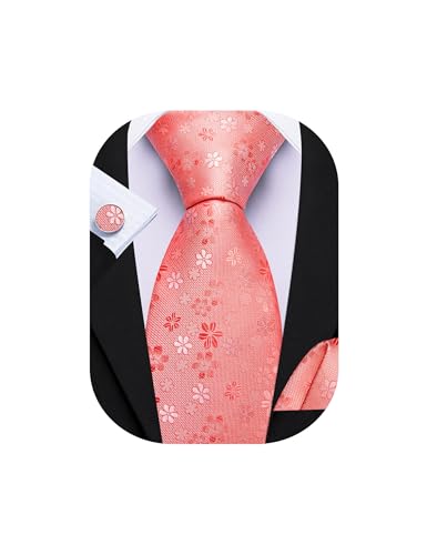 Barry.Wang Coral Tie for Men Floral Silk Necktie Pocket Square Cufflinks Set Formal Business Wedding Party Prom