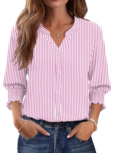 LOMON Button Down Shirts for Women 3/4 Length Sleeve Womens Tops Pink Striped Shirt Business Casual Outfits for Women Summer 2026