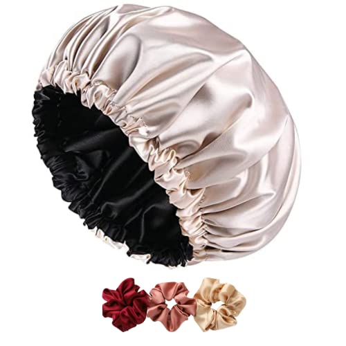 Image of Satin Silk Bonnet for Hair with 3 Satin Scrunchies, Satin Bonnet for Curly Hair, Reversible Silk Hair Cap for Sleeping, Adjustable Satin Hair Bonnet, Satin Hair Wrap (Rose)
