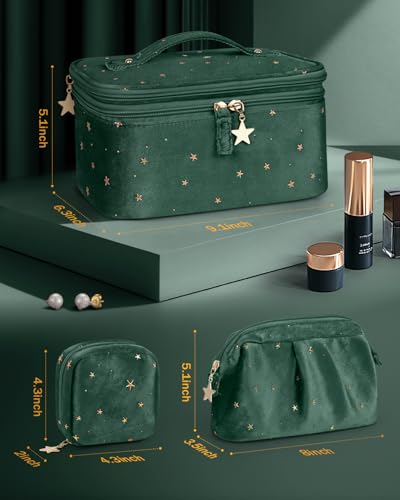 Wedama Makeup Bag, Double-layer Cosmetic Bag with Jewelry Storage and Brush Holders 3 Pcs Velvet Makeup Bag Set Travel Makeup Organizer Bags Cosmetic Case Toiletry Bag for Women Girls, Dark Green4
