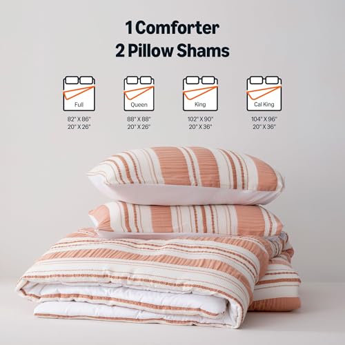 Image of Amazon Basics Comforter Set, 3-Piece Jacquard Comforter and 2 Pillow Shams, All-Season Bedding, California King, Pink Striped