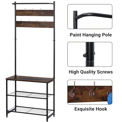Image of Lukzer 3-Tier Shoe Rack with 7 Hooks Coat Stand, Hall Tree with Hanging Rod & Bench, Metal & Wooden Spacious Entryway Organizer for Clothes, Bags, Jackets & Footwear (Black & Oak /180 x 65 x 32 cm)