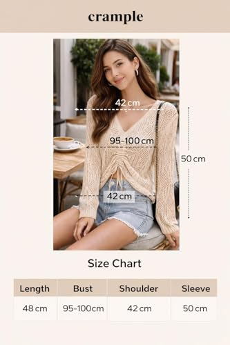 Image of CRAMPLE Women's V-Neck Knit Top, Long Sleeve, Drawstring Ruched Front, Lightweight Open Knit Top