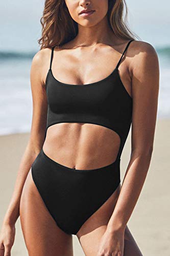 Meyeeka Cut Out One Piece Swimsuit For Women Spaghetti Strap Criss Cross Backless Bathing Suit L Black #TOP3