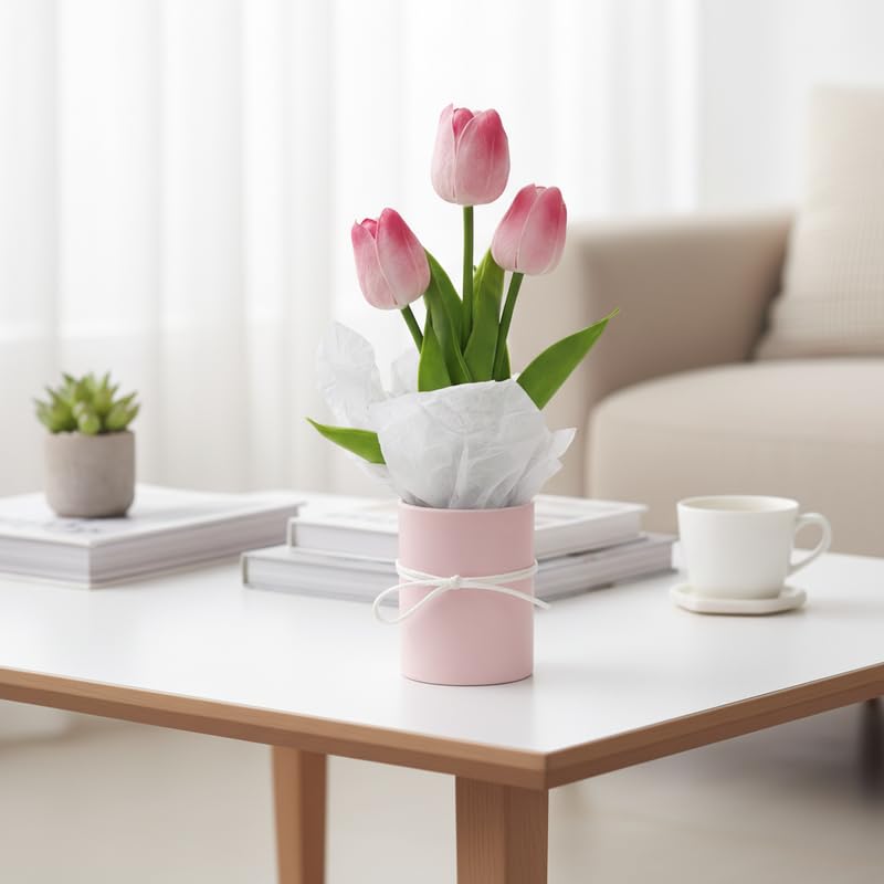 Image of Artificial Tulip Flowers with Vase for Home Decor | Real Look Pink Tulip Bouquet | Table Centerpiece, Living Room, Office Desk Decoration | Gift for Birthday, Anniversary, Housewarming