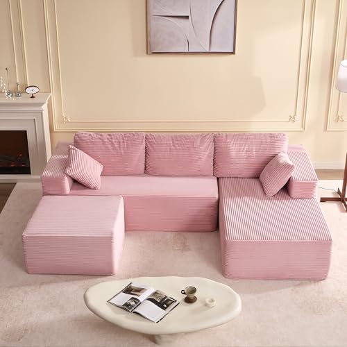 107″ Boneless Couch with Deep Seat, Modular Sectional Sofa, Cloud Sectional Couch for Living Room, No Assembly Required, Corduroy, U-Shape 3 Seater Right, Pink