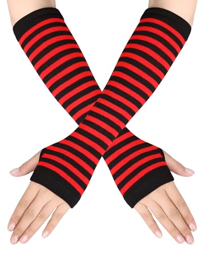 Syhood 1 Pair Women Winter Knitted Long Fingerless Gloves Striped Arm Warmers with Thumb Hole, Stretchy Elbow Length(Black Red)