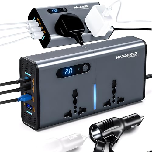 HAMMINER 200W Car Power Inverter DC 12V to 220V AC Car Inverter 2 USB 2 Type-C Ports Charger Adapter Car Plug Converter with Switch and Current LED Screen Suitable for Cars SUV & Truck