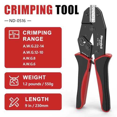 Image of Newdeli Wire Crimping Tool for Non Insulated Butt Wire Connectors - AWG 22-6 Ratchet Wire Crimper Tool Electrical Non Insulated Ring Terminals Ratcheting Crimping Plier Crimp Tool