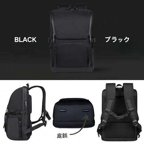 [YCD] フラップトップ ビジネスリュック リュックメンズ スクエア おしゃれ 人気 大容量 30l 防水 自立 軽量 型崩れ防止 リュックサック バックパック カジュアル メンズりゅっく 2気室 多機能 15.6パソコン 16インチPC収納 A4対応 耐久性 ハード 通勤 通学 旅行 大学生 男女兼用 Flap Pack 黒 2枚目