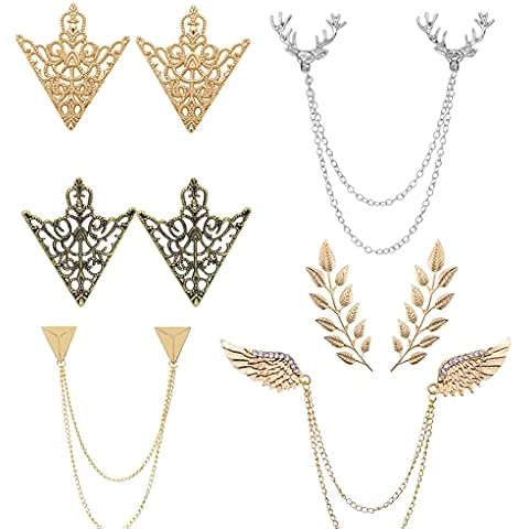 HJYZY 6 pcs Deer Head Double Link Chains Angel Wings Tassel Chain Brooch Retro Hollow Pattern and Angle Triangle Tassels Collar Pins Brooch Clip Shirt Collar Decoration Parts with Box Cover