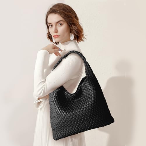 Woven Tote Bag Womens Purse, Vegan Leather Tote Bag Large Summer Beach Travel Handbag and Purse Retro Handmade Shoulder Bag